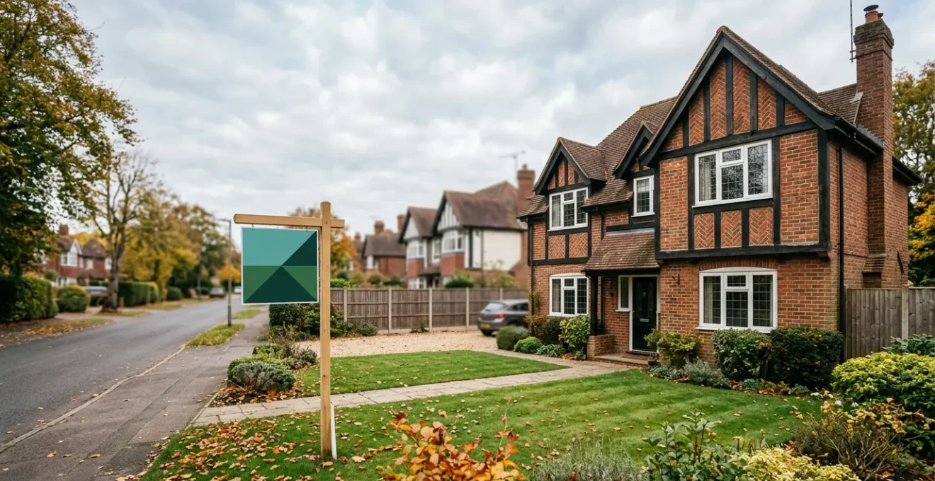 Detached family house with for sale sign in English commuter town with green garden