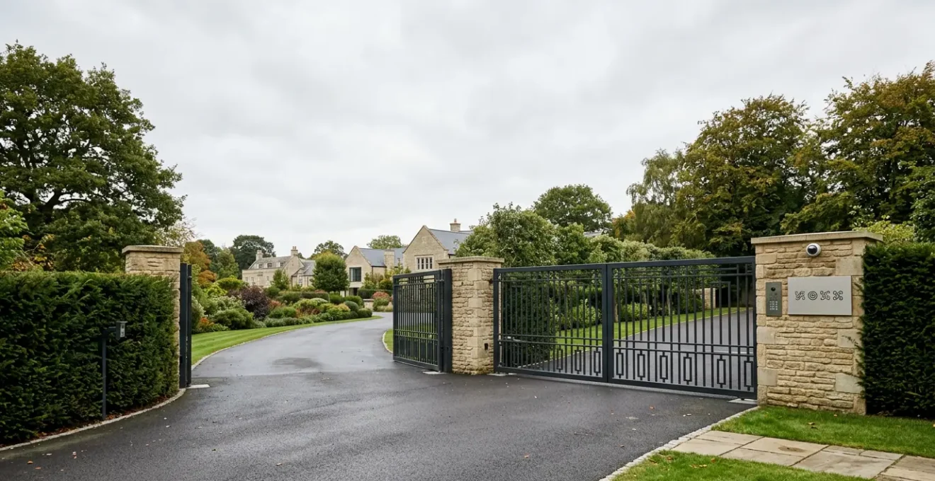 Modern electric security gate entrance to exclusive residential estate in England