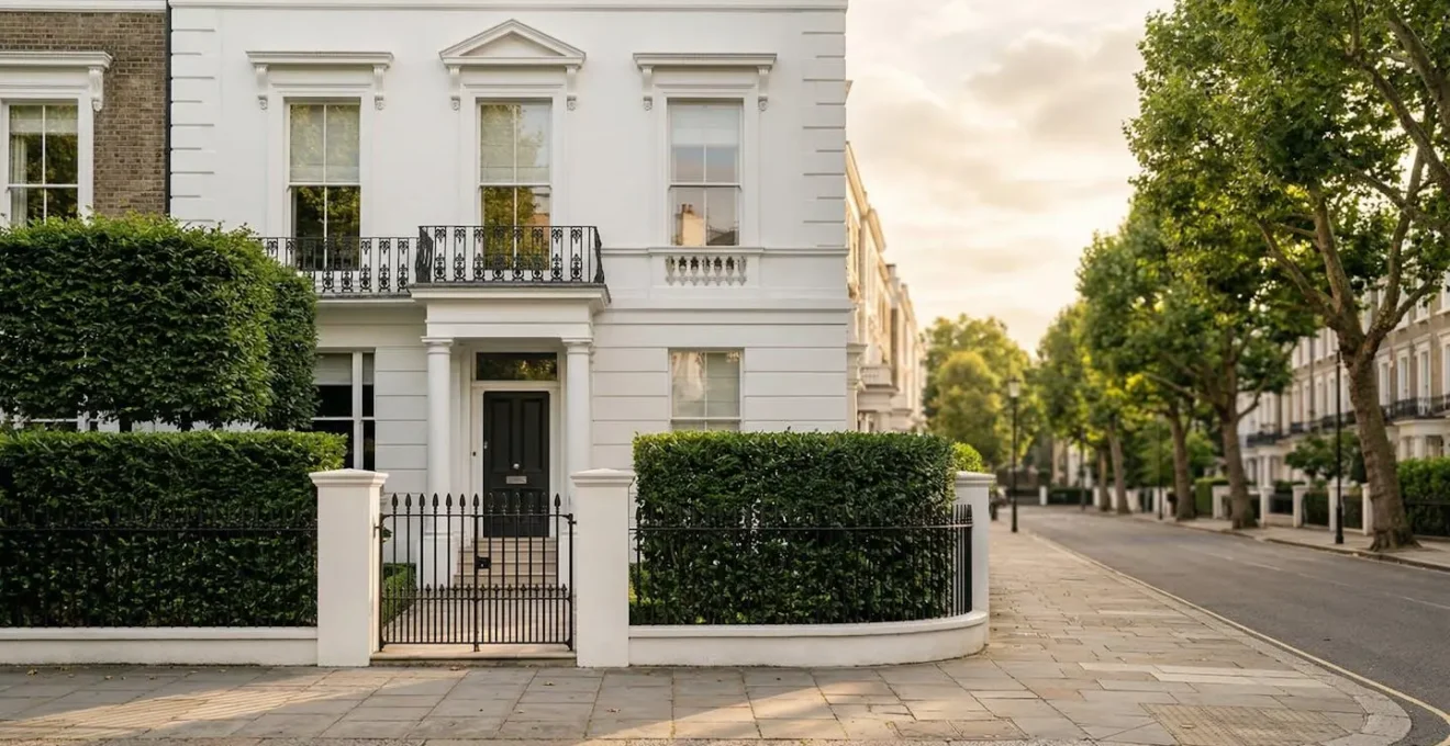 Elegant Georgian townhouse facade in Kensington with white stucco, black iron railings, and tree-lined street illustrating London's most exclusive property market