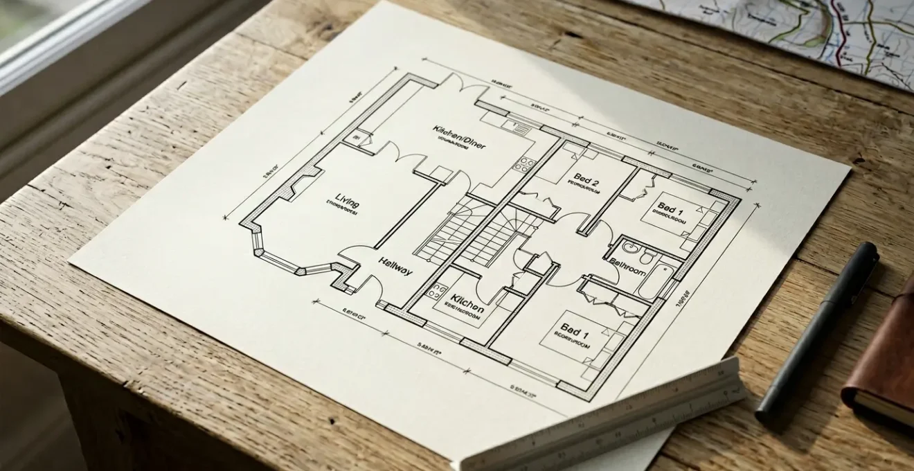 Professional property floorplan document placed on modern desk with natural lighting showcasing architectural precision