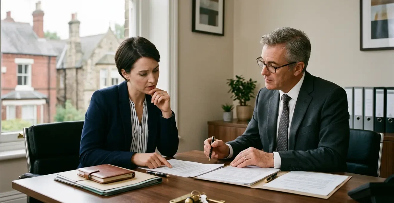 British homebuyer reviewing property contracts with solicitor in modern London office, showing financial documents and keys on desk