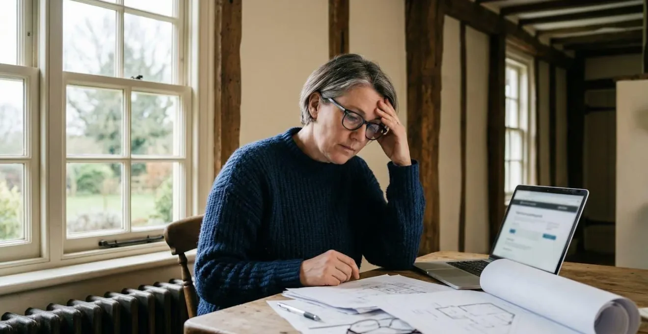 Georgian cottage owner reviewing extensive listed building consent documentation at heritage property window