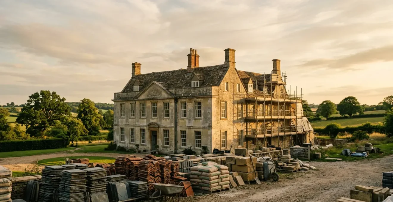 Historic Grade II* manor house undergoing sympathetic restoration with traditional scaffolding and specialist craftsmen