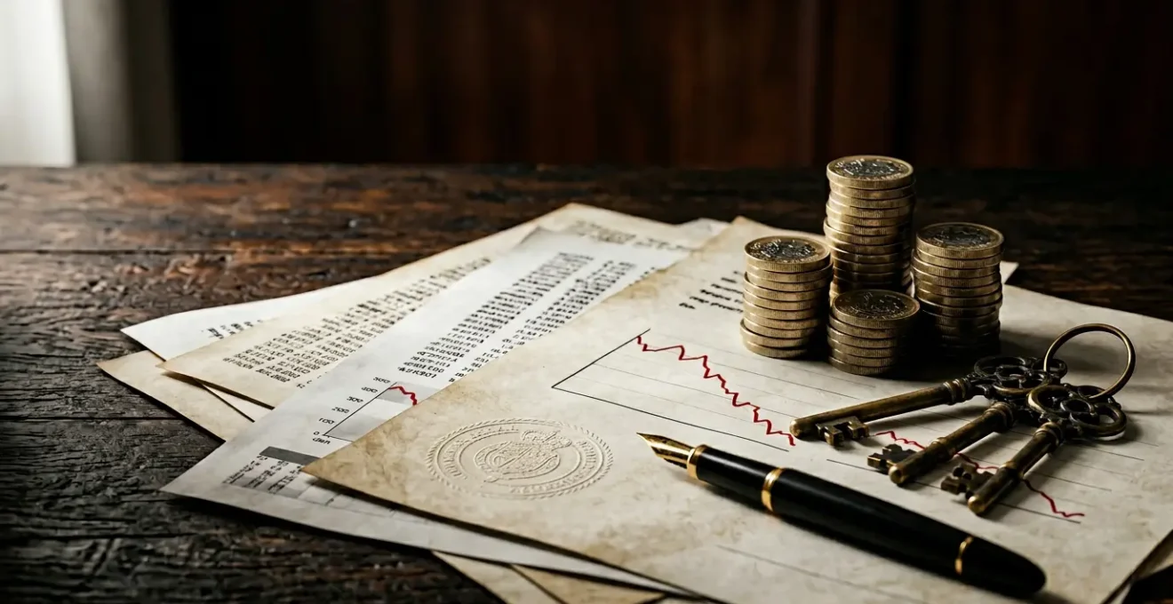 Close-up of financial documents showing declining profit margins with calculator and property keys symbolizing hidden investment costs