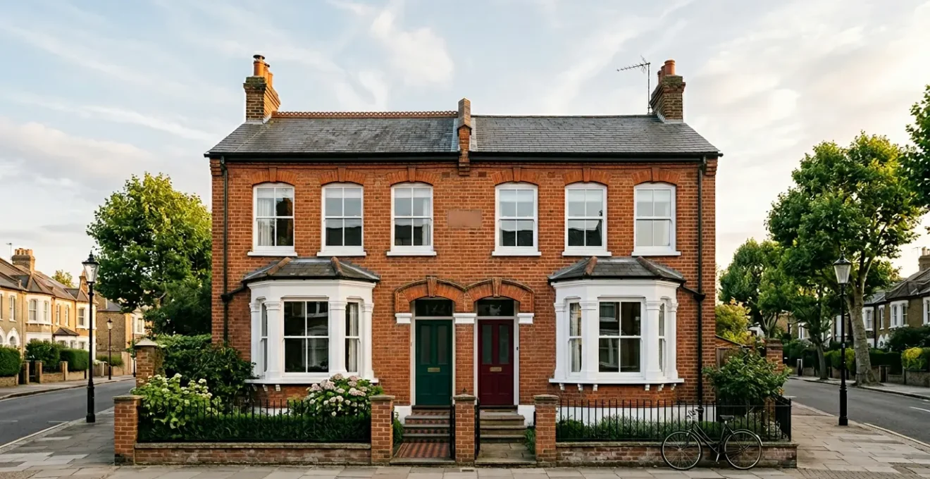 Two identical Victorian terraced houses side by side in an English conservation area, showing subtle architectural details