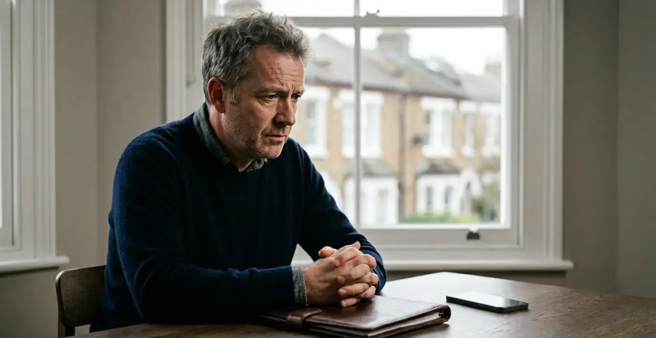 Homeowner reviewing mortgage documents with visible stress, conceptual representation of interest-only mortgage debt burden