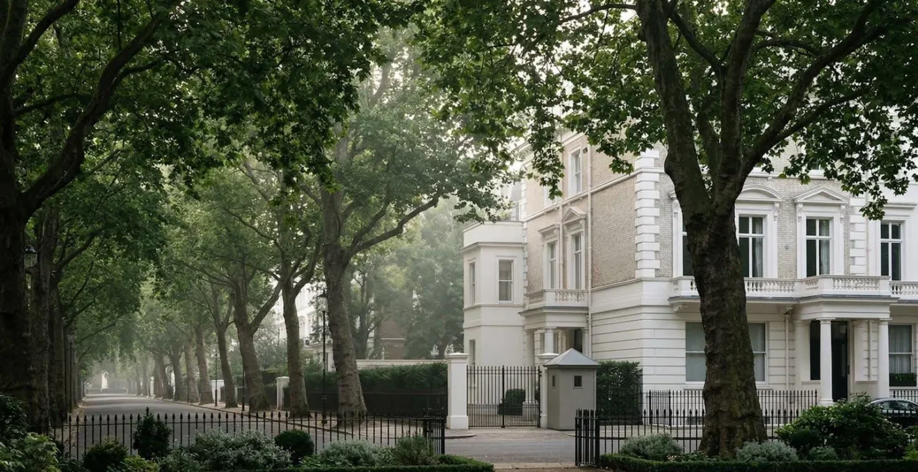 Prestigious Georgian mansion on tree-lined Kensington Palace Gardens street with diplomatic security presence