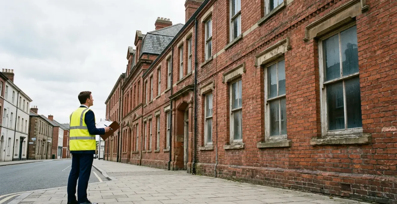 Commercial property surveyor documenting building condition for dilapidations assessment in England