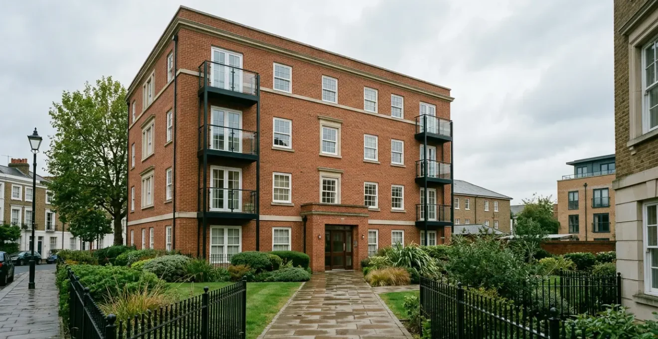 Wide angle view of a modern British residential flat building in England with balanced composition showing architectural details