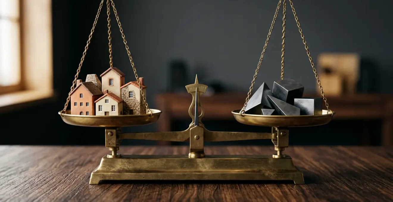 Financial balance scale with property investment and risk weights