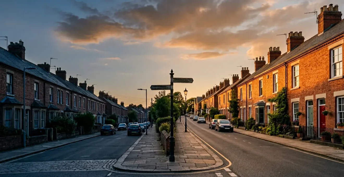 Wide editorial photograph showing contrasting residential property investment scenarios in England