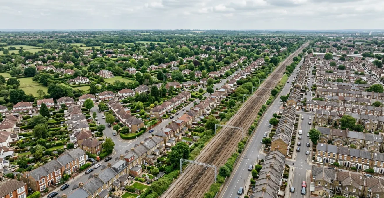 Architectural contrast showing London transport zones and suburban property landscape
