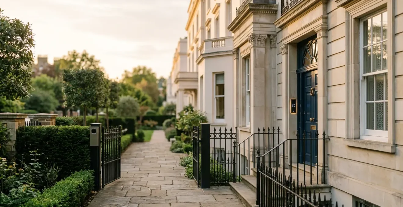 Sophisticated biometric security installation integrated into an upscale English property entrance showcasing technology and architectural harmony