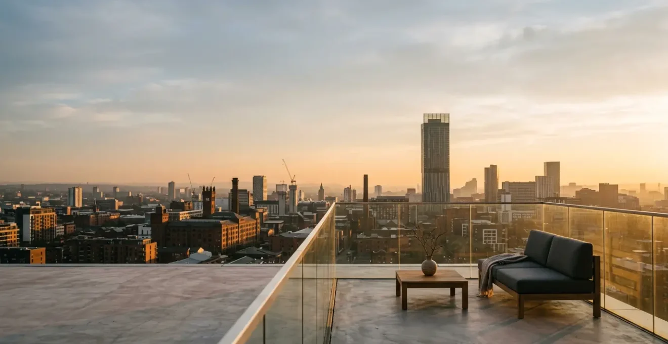 Luxury duplex penthouse terrace overlooking Manchester city skyline at golden hour