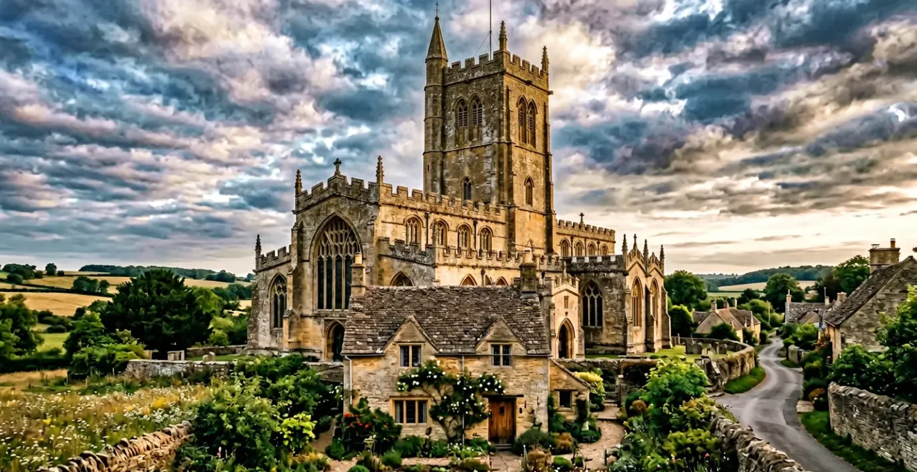 A historic English church with medieval stone architecture towering behind a modest countryside property, symbolizing the unexpected financial burden of chancel repair liability