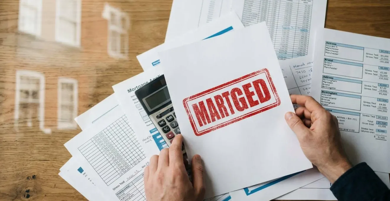 Portfolio landlord reviewing mortgage rejection letter with multiple property documents on desk showing stress test calculations