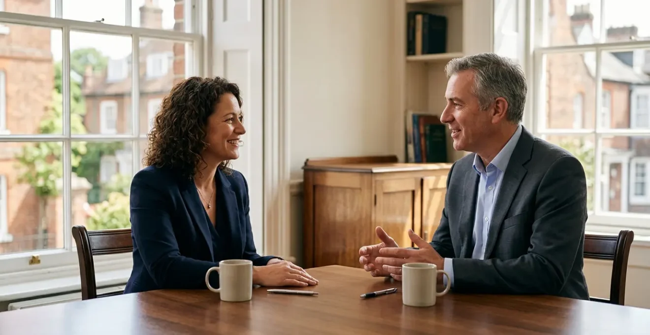 Professional property investment negotiation scene showing ethical transaction between seller and buyer in modern English setting