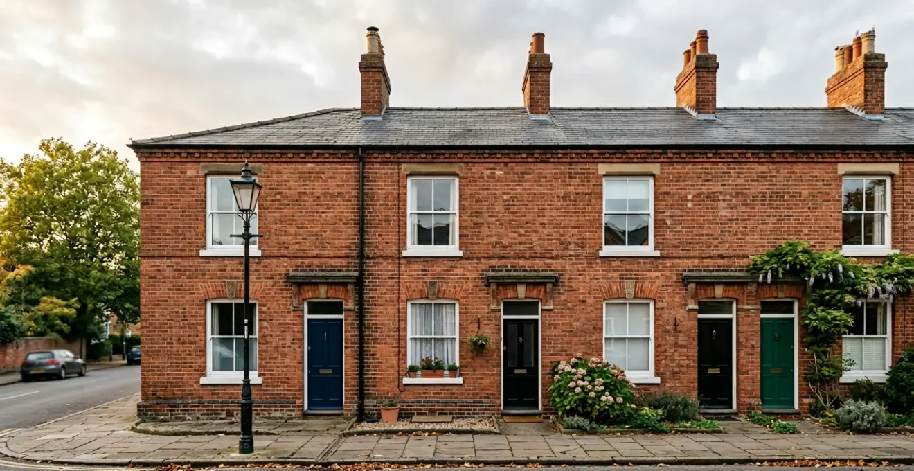 Wide angle view of Victorian terraced houses in Northern England with dramatic evening light revealing architectural character and investment potential
