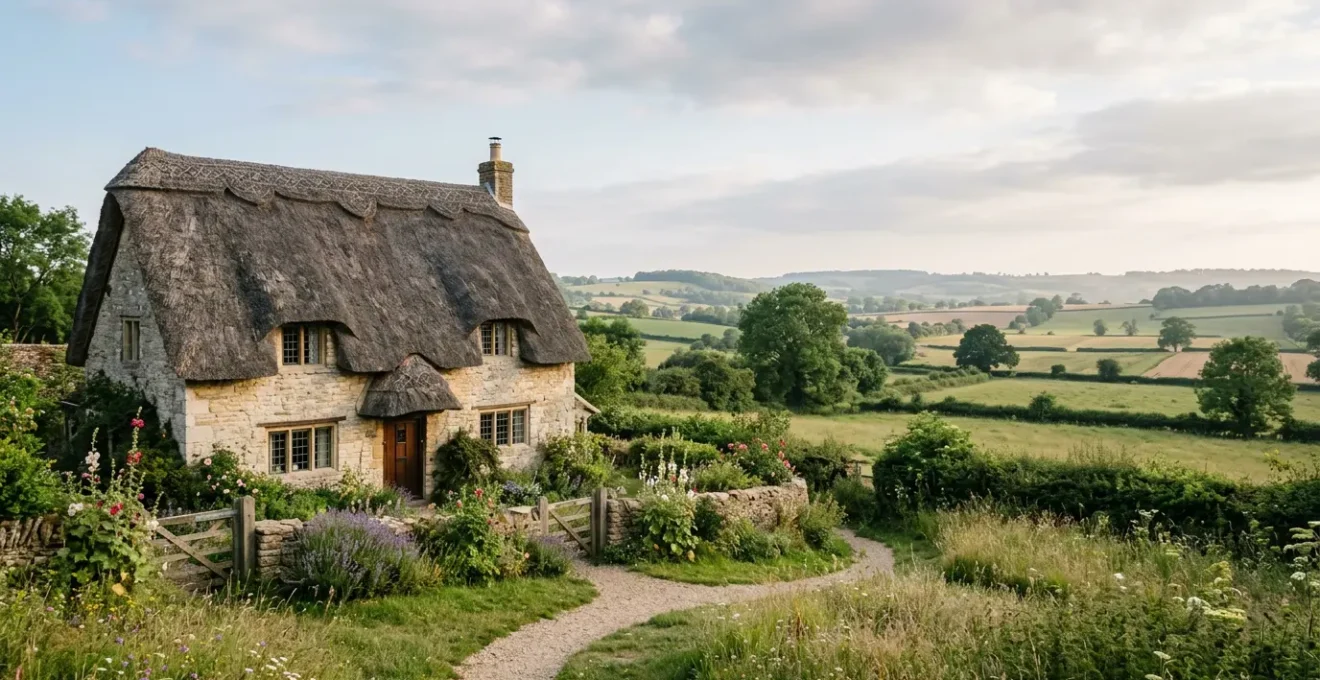 Traditional English thatched cottage with natural water reed roof in rural countryside setting