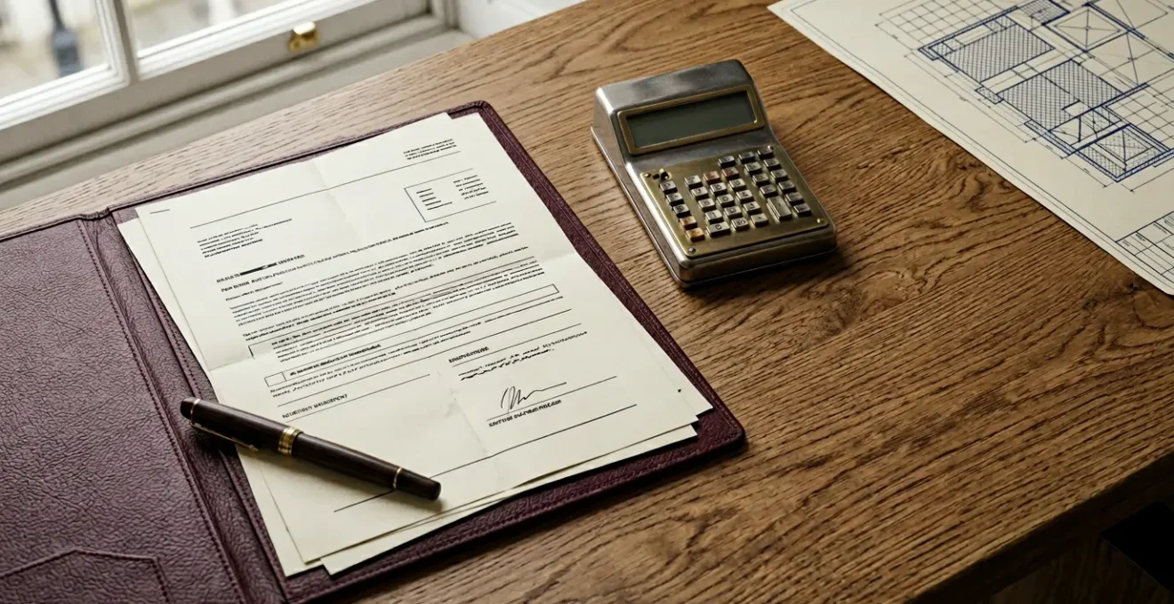 Professional reviewing official tax documents with calculator and property paperwork on desk, symbolizing stamp duty reclaim process in England