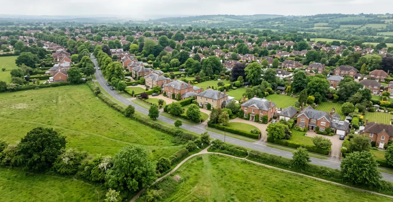 Aerial perspective of English residential properties showing land plots and building footprints in prime location