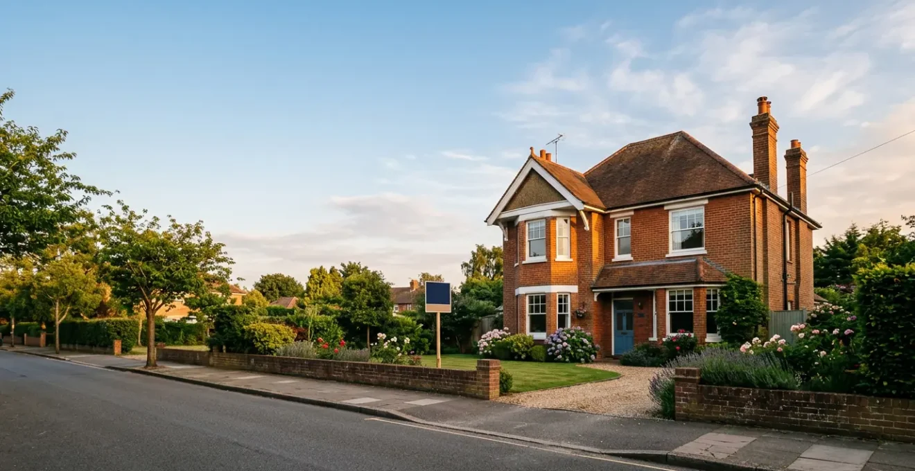 Modern freehold suburban house with for sale sign in front garden under golden hour sunlight