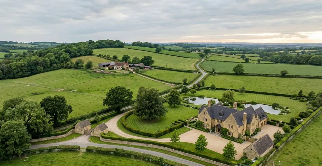 Aerial view of contrasting Surrey estates highlighting luxury property price variations between exclusive and rural locations