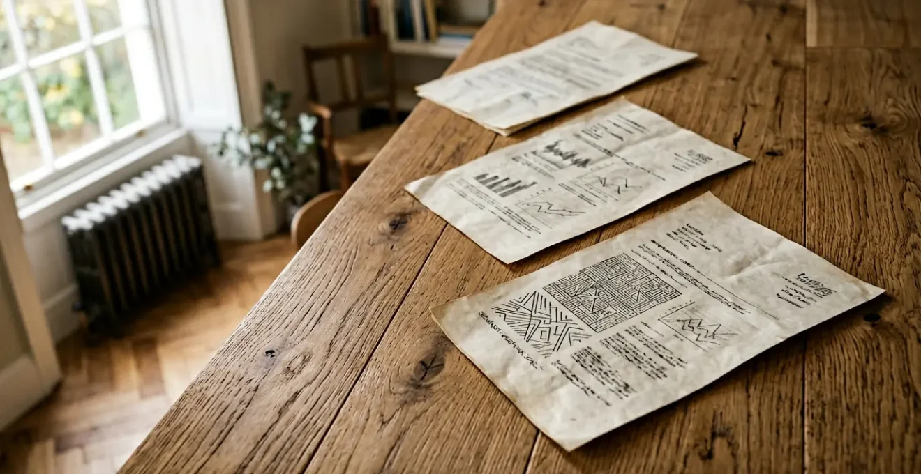 Detailed consultation scene showing property valuation documentation and comparative analysis in modern English home setting