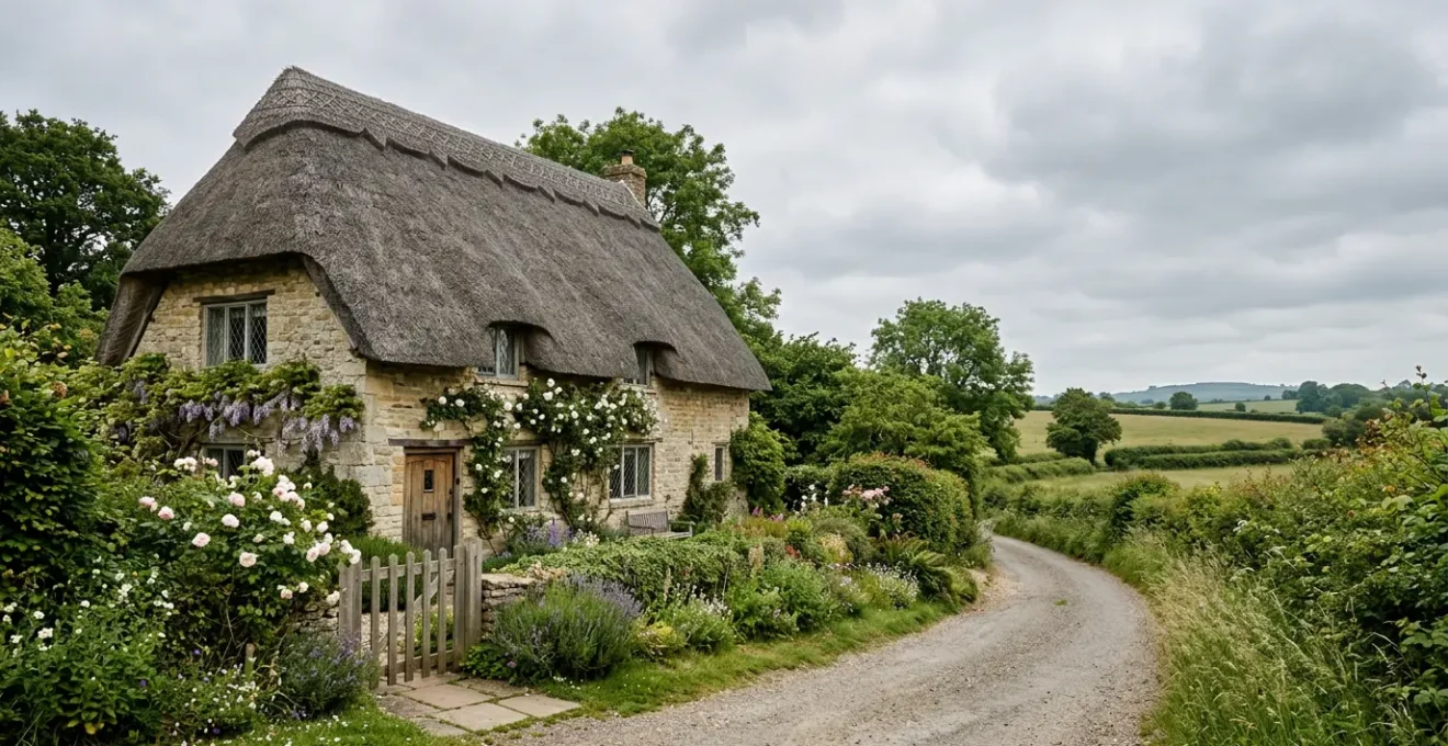 Traditional English thatched roof cottage with thick water reed thatching against dramatic sky, showcasing heritage roofing craftsmanship