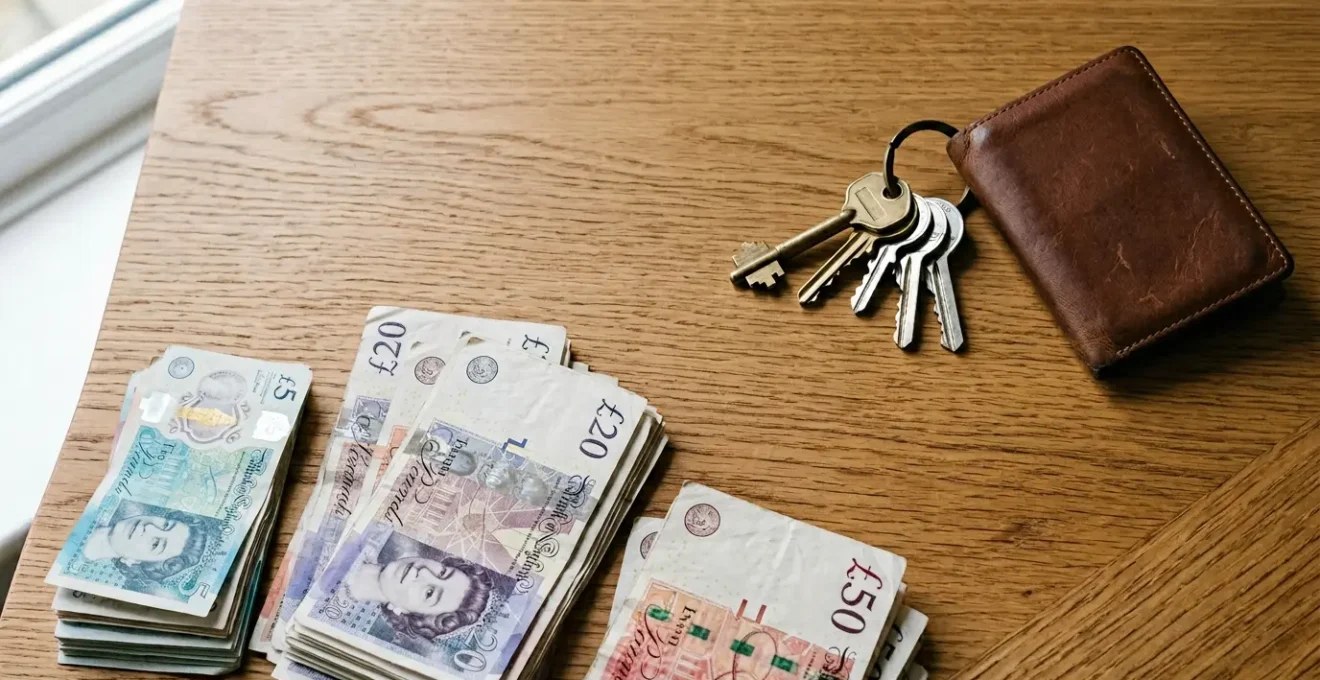 Professional photograph showing hands organising sterling pound notes and house keys on wooden surface with natural window lighting