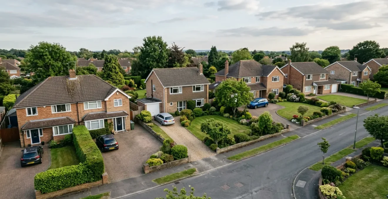 Suburban English detached houses with private gardens and driveways viewed from above showing property features