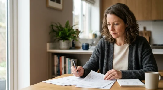 Professional tax planning consultation for UK property investors reviewing financial documents and calculators