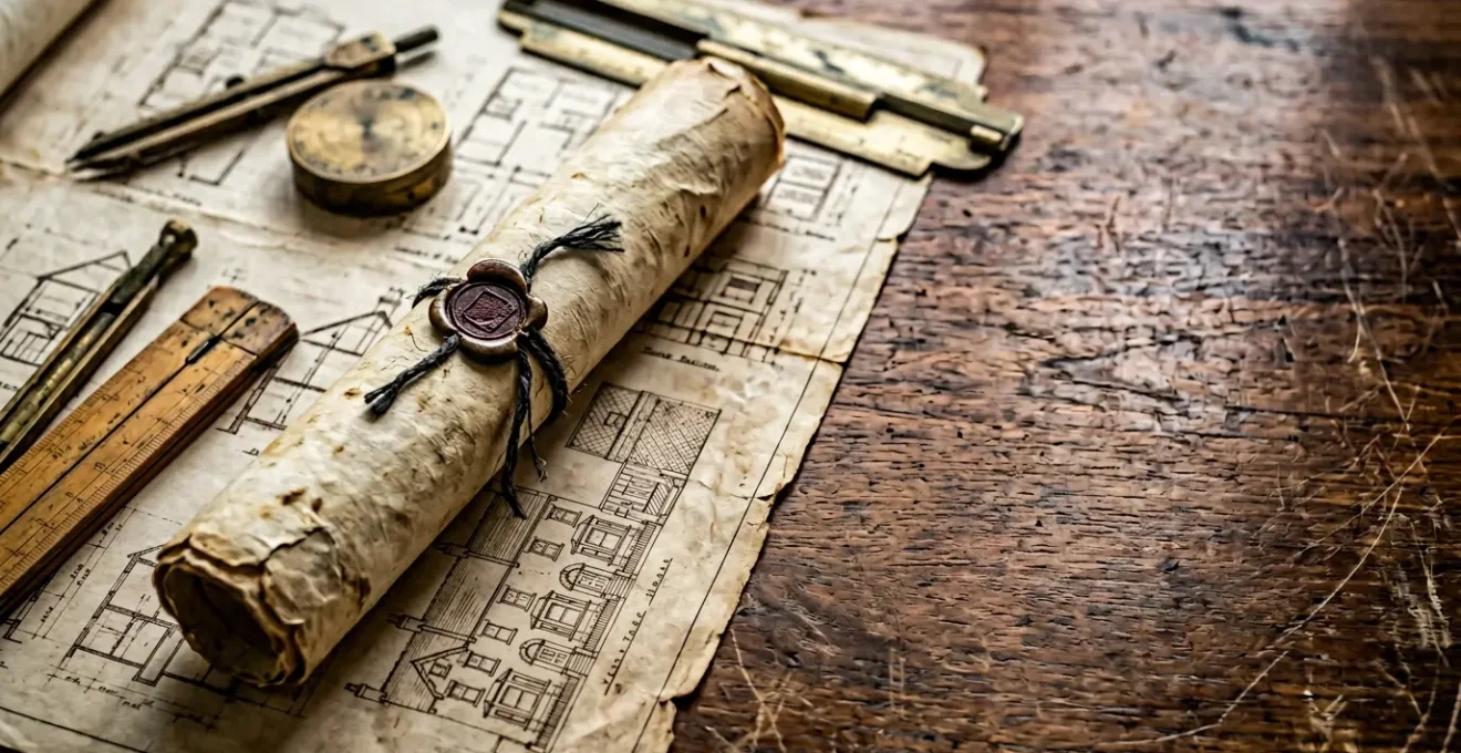 Aged property deed document with historical covenant language lying on Victorian-era property plans in soft natural light