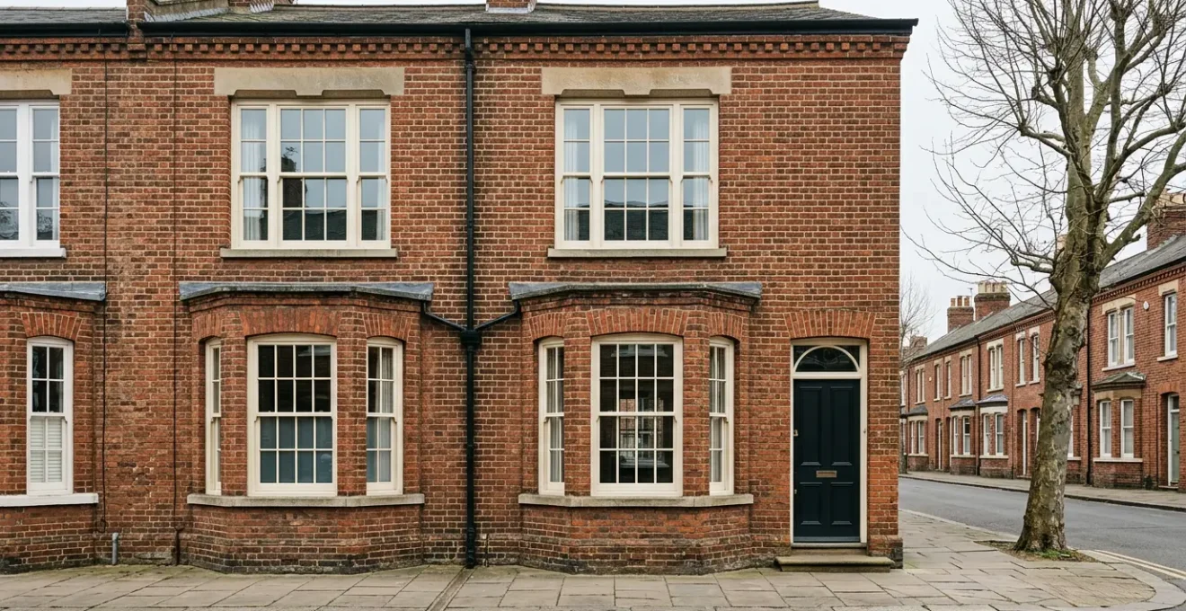 Victorian terrace house facade showing contrast between original timber sash windows and modern replacement windows in England conservation area