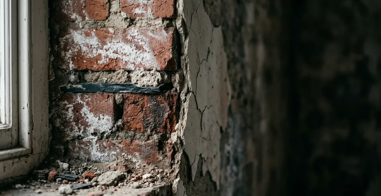 Dramatic interior detail showing aged Victorian terrace wall with exposed historic brickwork and moisture damage patterns revealing century-old construction challenges