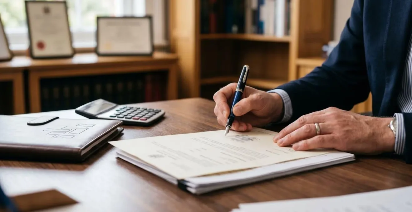 Close-up of a professional accountant reviewing financial documents with a calculator in a UK office setting
