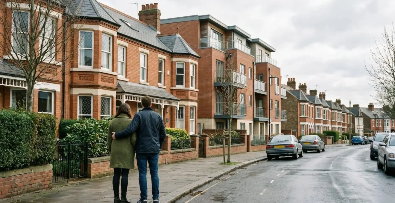 Wide environmental shot of traditional English terraced houses and modern apartment building showing property ownership diversity