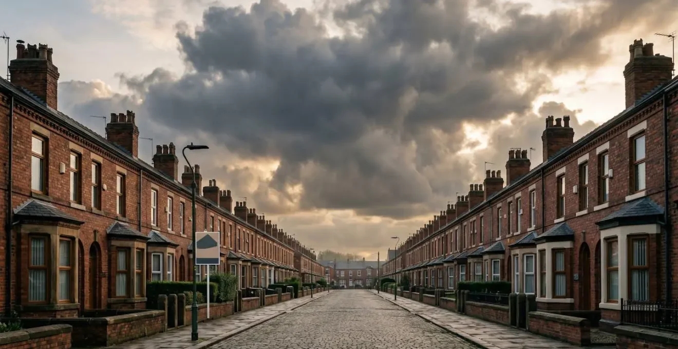 Environmental wide shot of English terraced houses under a dramatic stormy sky symbolizing market turbulence and financial pressure