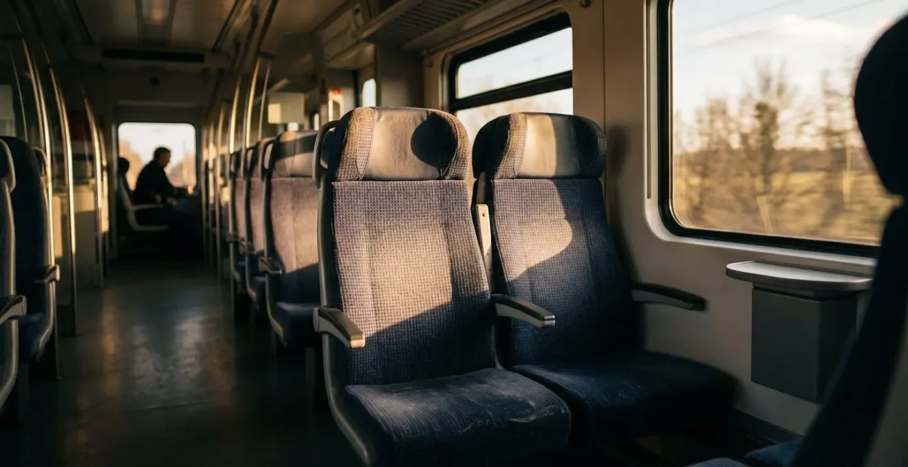 Contemplative view of empty commuter train interior during golden hour