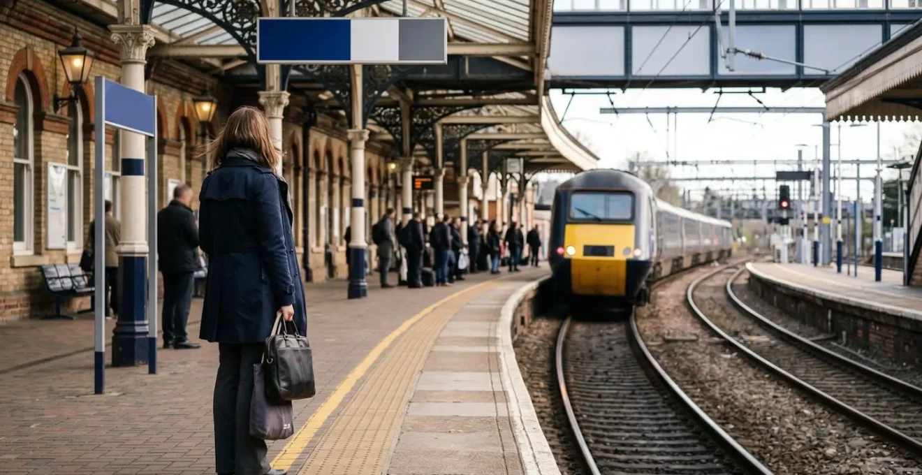 Commuter waiting on English railway platform with train approaching in distance