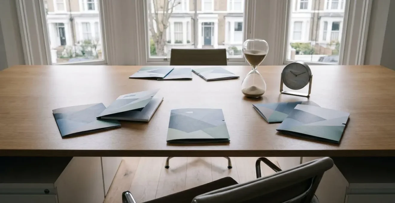 Abstract representation of property transaction timeline showing delayed local authority search documents and mortgage paperwork on minimalist desk with subtle British architectural elements in background
