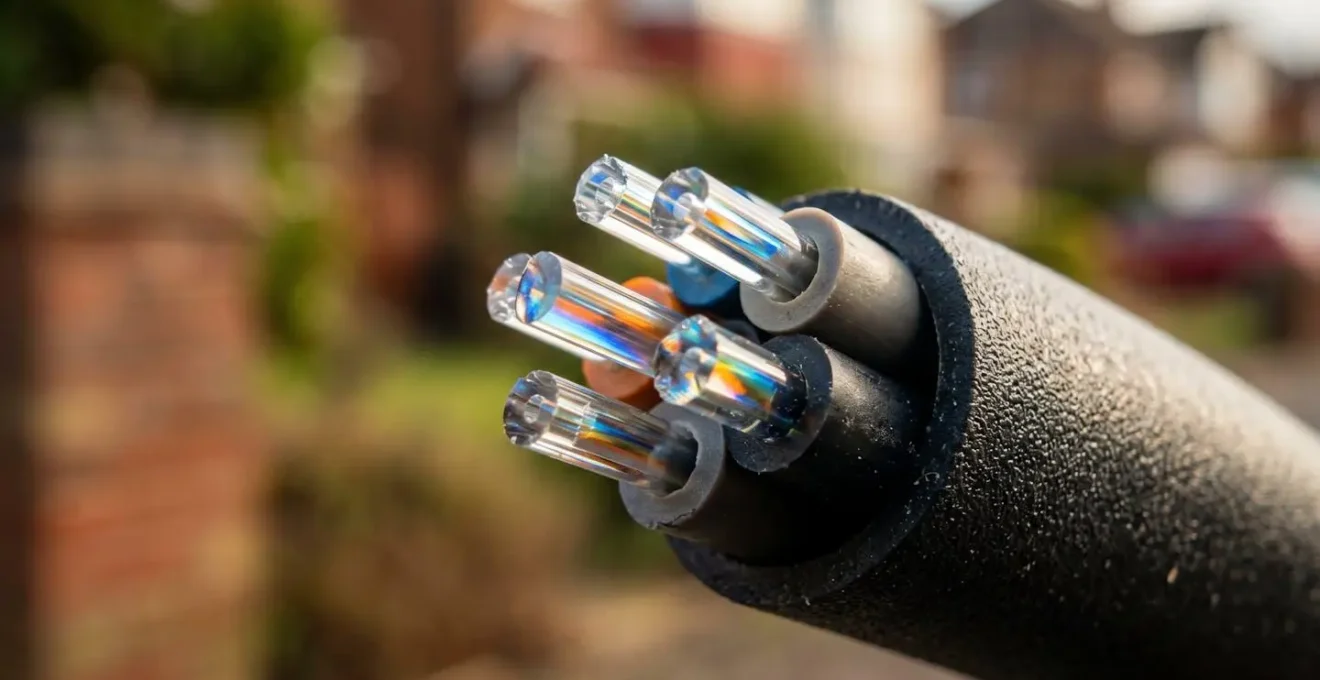 Abstract visualization of digital connectivity infrastructure in suburban setting
