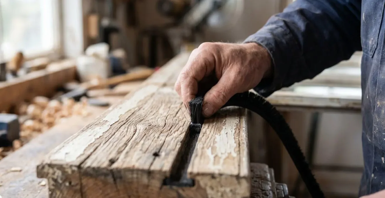 Close-up of discreet draught-proofing brush seal being installed into timber sash window frame, showing precision craftsmanship and heritage conservation techniques