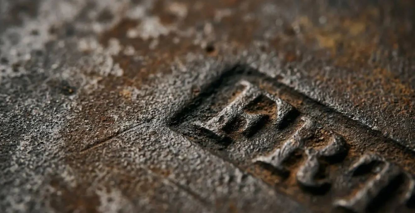 Extreme close-up detail of cast iron foundry makers mark on authentic Edwardian fireplace showing aged metal texture and historic craftsmanship