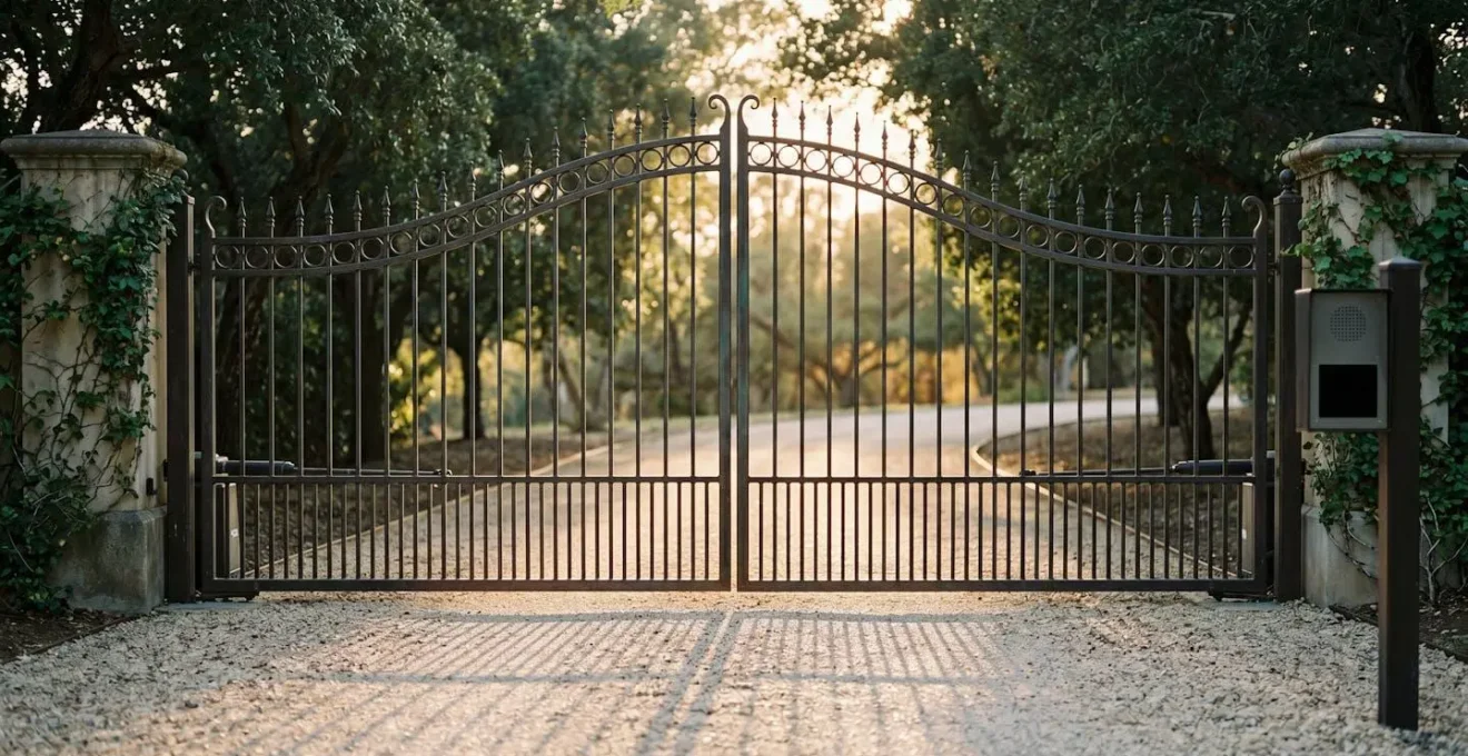 Symbolic composition of imposing electric estate gates representing security premium and exclusivity in luxury property markets