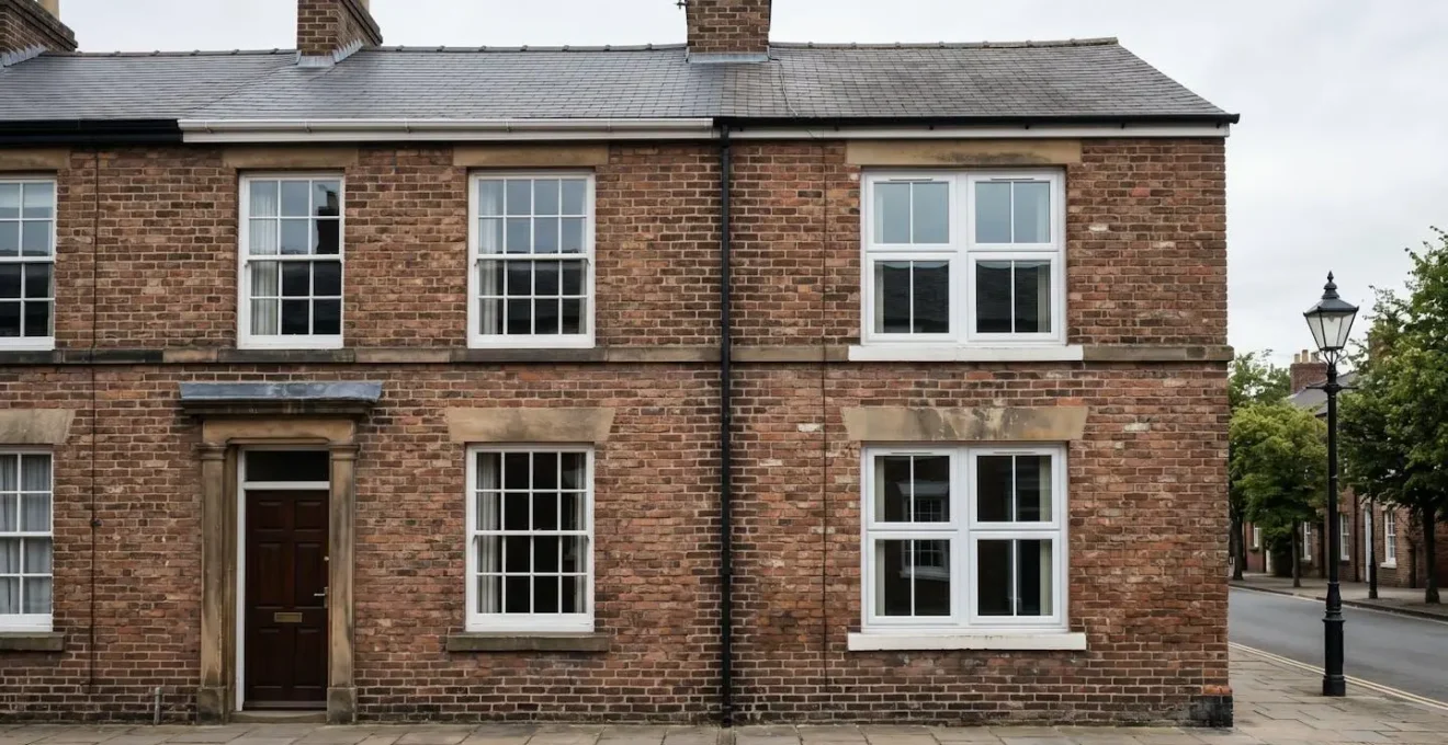 Victorian terrace property showing enforcement scenario with inappropriate UPVC replacement windows in English conservation area requiring reinstatement