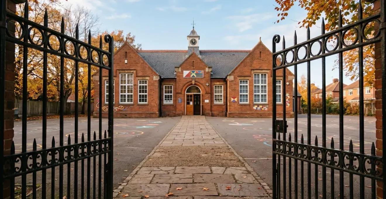 Traditional English primary school building entrance with autumn trees and empty playground