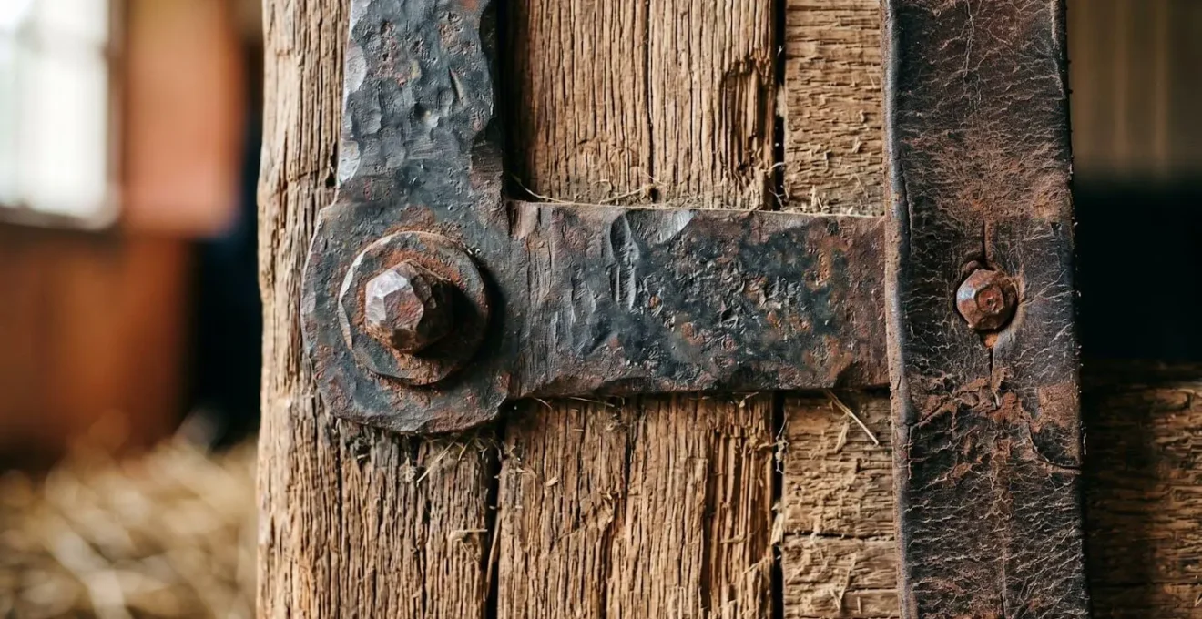Extreme close-up macro detail of premium stable door hardware and weathered wood grain texture highlighting equestrian facility craftsmanship