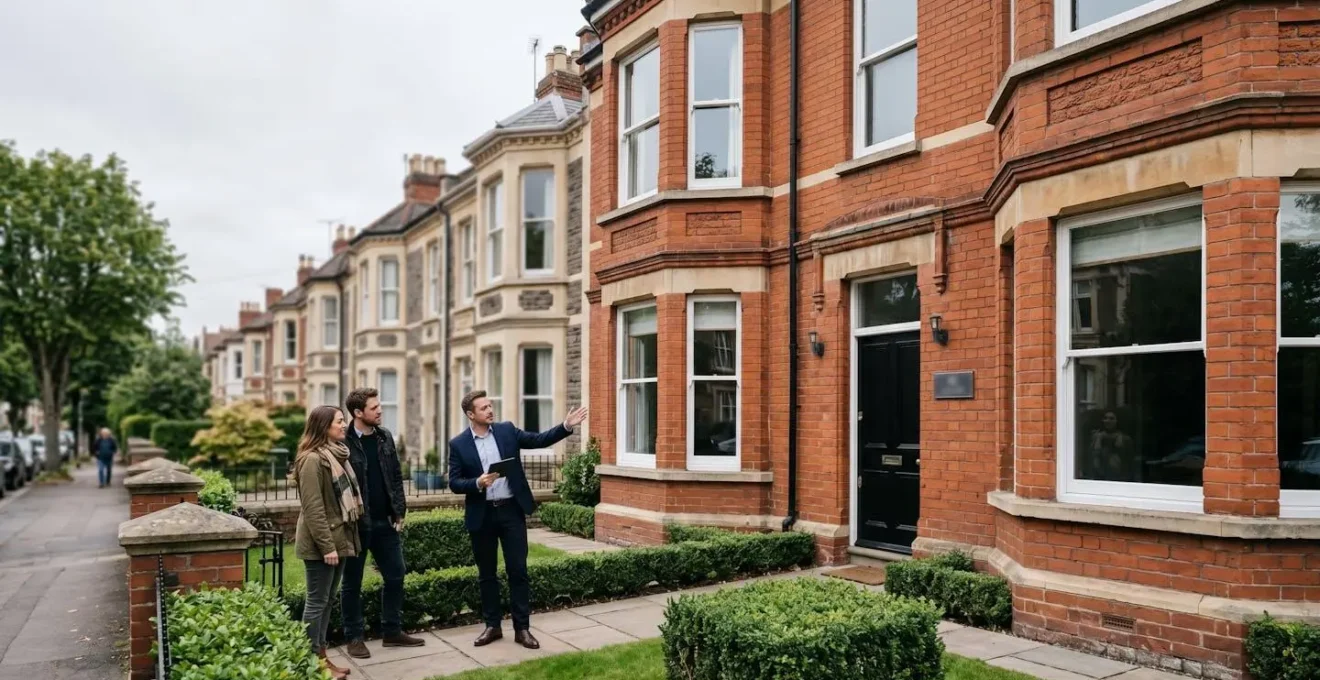 Wide shot of a modern UK townhouse exterior with an estate agent conducting a property viewing