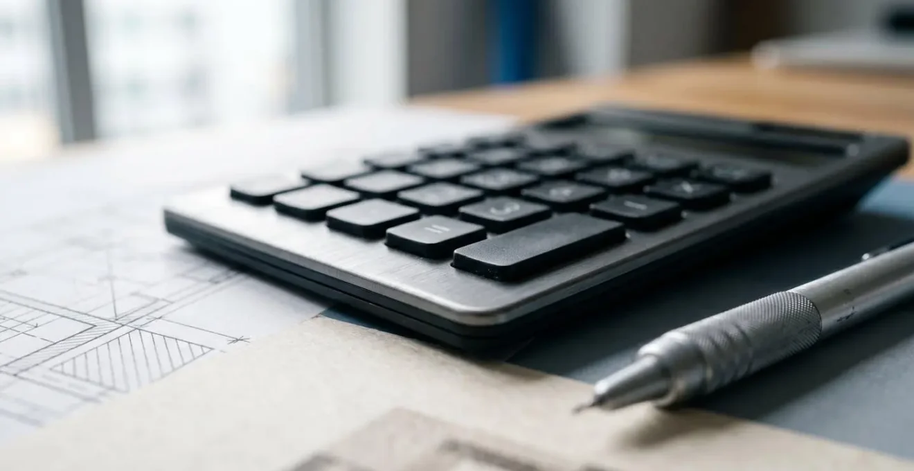 Close-up macro photograph of financial planning documents and calculator showing property cost comparison analysis